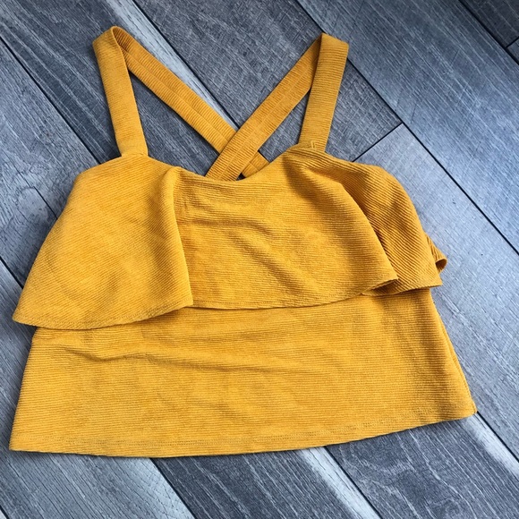 Mustard/Gold Ribbed Flowy Layered top Size XXS fits like XS - Picture 3 of 4